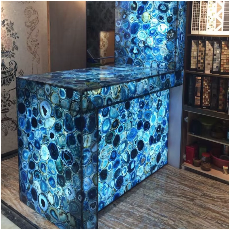 Backlit Blue Agate Gemstone Console Countertops in Villas FOR U STONE Backlit Blue Agate Gemstone Console Countertops in Villas FOR U STONE