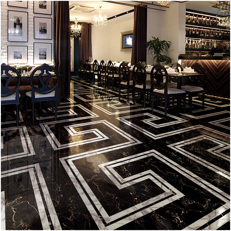 Nero Portoro Marble Waterjet Medallion Floor Tiles