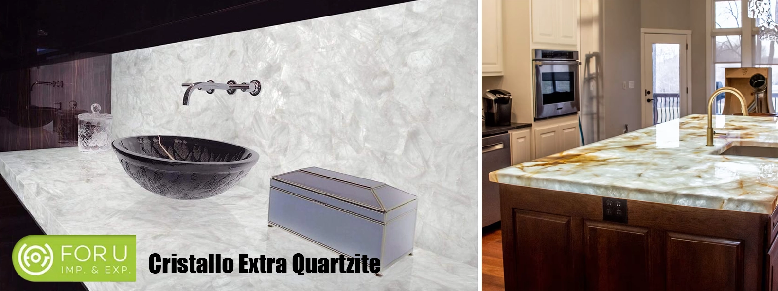 Backlit Cristallo Extra Quartzite Kitchen and Bathroom Countertop Designs in Villas FOR U STONE Backlit Cristallo Extra Quartzite Kitchen and Bathroom Countertop Designs in Villas FOR U STONE