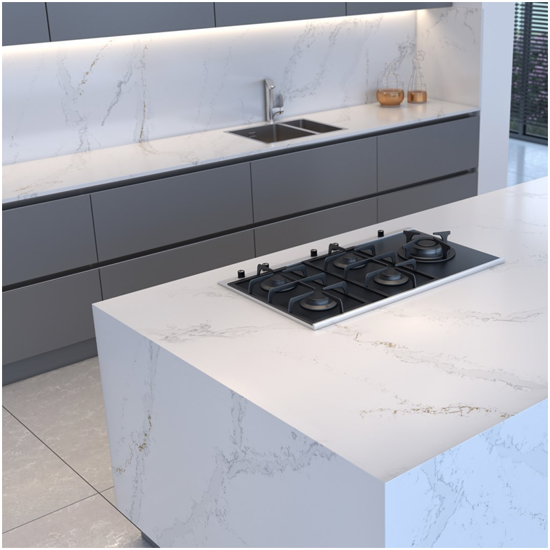 Engineered Calacatta Quartz Waterfall Countertops Engineered Calacatta Quartz Waterfall Countertops